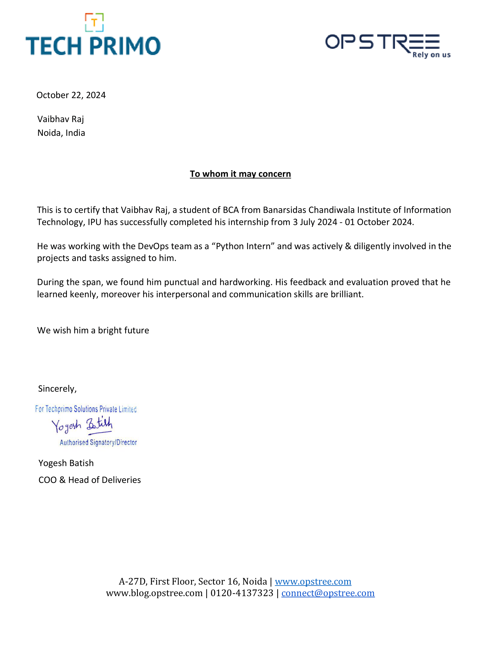 Internship Letter - Vaibhav Raj